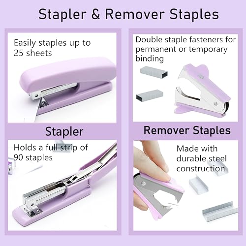 Purple Office Supplies, Purple Desk Accessories, Stapler, Staple Remover, Tape Holder, Pen Holder, Ballpoint Pen, Scissor, Binder Clips, Paper Clips and 1000pcs Staples. - color: Purple