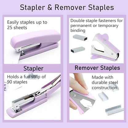 Purple Office Supplies, Purple Desk Accessories, Stapler, Staple Remover, Tape Holder, Pen Holder, Ballpoint Pen, Scissor, Binder Clips, Paper Clips and 1000pcs Staples. - color: Purple