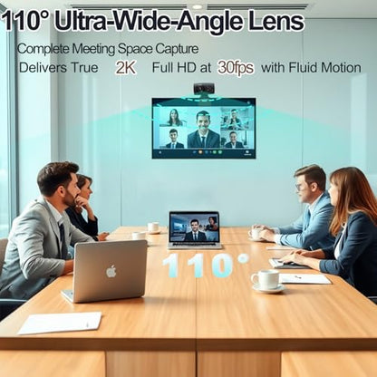 2K Full HD Webcam with Noise-Canceling Microphone, Auto Light Correction & 110° Wide Angle,Plug & Play USB Camera for PC/Laptop/Mac/Zoom/Skype/Teams/Online Meetings