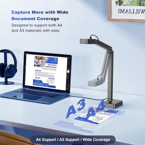 4K Document Camera for Teacher and Classroom, 8MP USB Webcam & Visualiser | A4 A3 Document, Doc Cam with Foldable Alloy Stand, Auto focus, LED Light & Mic, Work with Zoom, Mac, Windows, Chromebook
