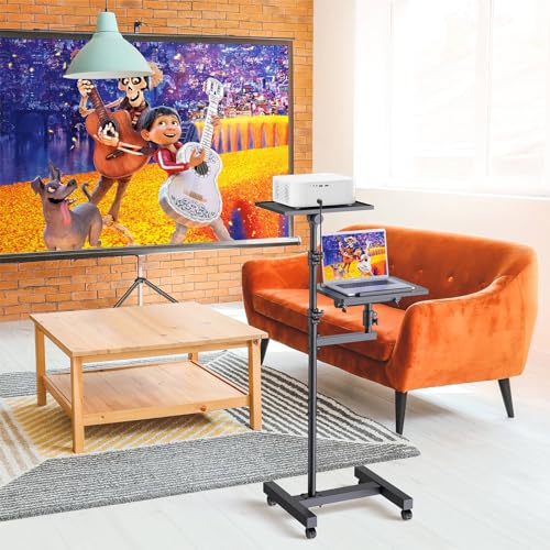 Facilife 2 Shelves Projector Stand Tripod, Height Adjustable Max 64", Mobile Laptop Cart on Wheels Projector Tripod Stand, Overbed Table with Wheels, Rolling Laptop Floor Stand for Couch