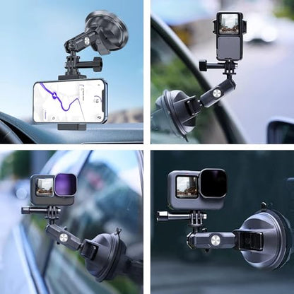 TELESIN Suction Cup Car Mount with Phone Holder, Windshield Window Dashboard Boats Vehicle Attach for DJI Osmo Pocket 4/3 Action 6/5/4 GoPro Mission 1 PRO Hero 13 Insta360 Luna Ultra Xtra Camera Mount - color: Suction Mount+Phone Holder