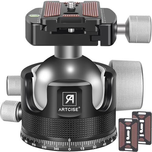 55mm Low Profile Ball Head Tripod Ball Head ARTCISE KB55 Heavy Duty Tripod Head All Metal CNC Machining with Three 1/4" Quick Release Plates for Tripod, Monopod, DSLR, Camcorder, Max Load 88lbs /40kg
