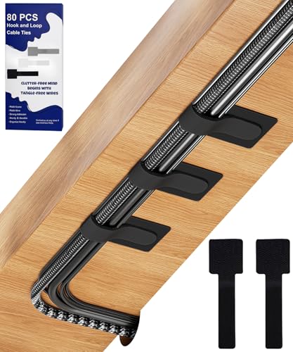 80PCS Hook and Loop Cable Ties, Under Desk Cable Management, Adhesive Cable Straps, Cord Management Hider Idea, Cord Organizer for Desk, Computer Accessories, Home Office Organization, Black - color: 80Pcs Black