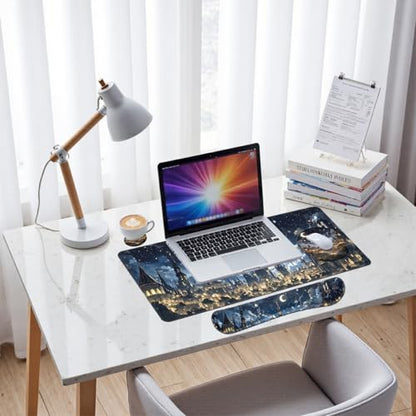 Midnight Castle Desk Mat Set Fantasy Sky Large Mouse Pad with Wrist Rest 4in1 Desk Mat for Desktop Ergonomic Computer Desk Arm Wrist Anti-Slip Computer Ergonomic Mouse Pad Home Office Gaming - color: Midnight Castle