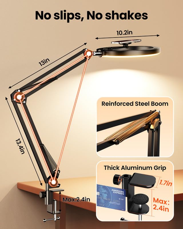 Magnetic Overhead Ring Light for Desk, 10” Selfie Light with Stand Tripod for iPhone, Adjustable Overhead Phone Mount with MagSafe-Compatible Holder for Recording, Vlogging, Crafts, TikTok, YouTube - size: 36" tall - Magnetic Phone Holder