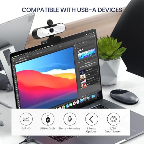 USB HD 1080P Video Webcam and Wide Angle Camera with Built-in Microphone and Rotatable Tripod,for Laptop Computer or Desktop PC,Great for Live Streaming.Calls.Video Conferencing(White)