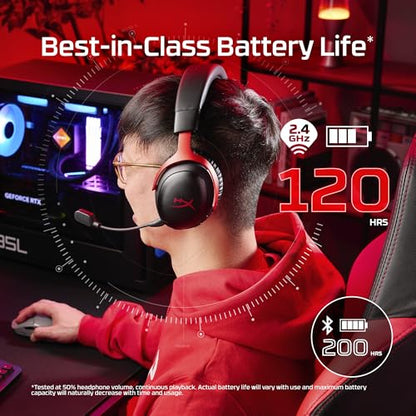 HyperX Cloud III S – Wireless Gaming Headset, 2.4GHz, Bluetooth, Battery Life up to 120 Hours 2.4GHz / 200 Hours Bluetooth, 53mm Angled Drivers, 10mm Detachable Mic, Customizable – Black/Red | Up to 120h and 200h, 53mm Angled Drivers, Detachable 10mm Boom