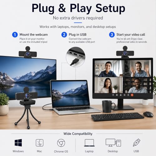 4K Webcam for PC with Dual Microphones,UHD 30fps Web Camera,Autofocus USB Webcam with Privacy Cover,Tripod, Plug & Play Camera for Zoom, Teams, Skype, Streaming, Laptop & Desktop