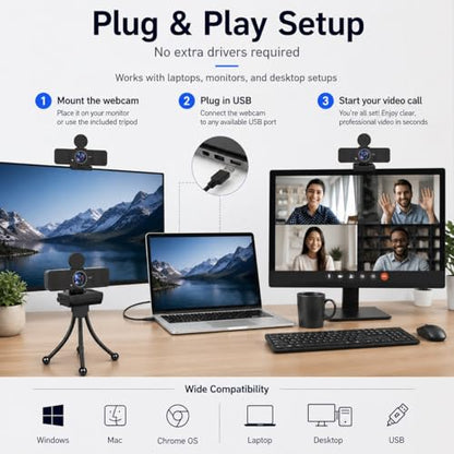 4K Webcam for PC with Dual Microphones,UHD 30fps Web Camera,Autofocus USB Webcam with Privacy Cover,Tripod, Plug & Play Camera for Zoom, Teams, Skype, Streaming, Laptop & Desktop
