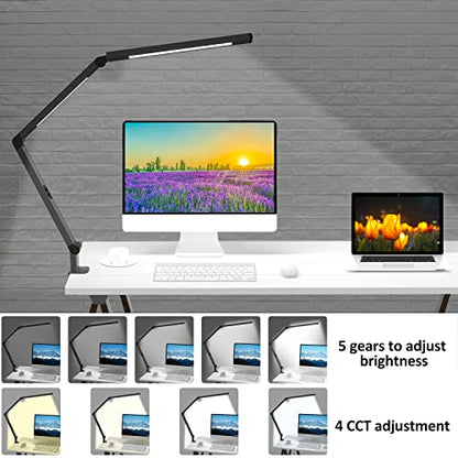 LED Desk Lamp with Clamp, Architect Desk Lamp for Home Office with Remote Control, Swing Arm Clamp on Computer Light, Clip-on Eye-Care Adjustable 5 Brightness Levels Table Light for Working Drafting - color: Black+Remote