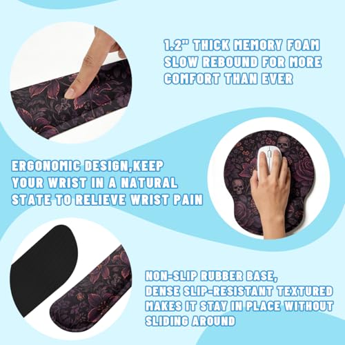 Dark Floral Desk Mat Set Gothic Skull Rose Large Mouse Pad with Wrist Rest 4in1 Desk Mat for Desktop Ergonomic Computer Desk Arm Wrist Anti-Slip Computer Ergonomic Mouse Pad Home Office Gaming - color: Dark Floral