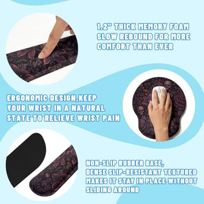 Dark Floral Desk Mat Set Gothic Skull Rose Large Mouse Pad with Wrist Rest 4in1 Desk Mat for Desktop Ergonomic Computer Desk Arm Wrist Anti-Slip Computer Ergonomic Mouse Pad Home Office Gaming - color: Dark Floral