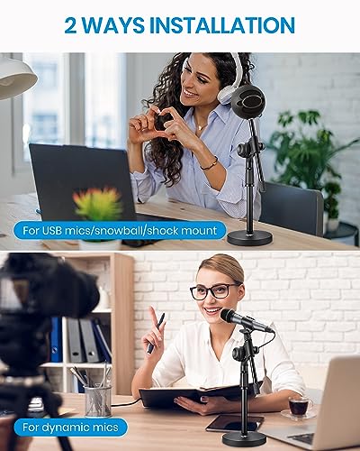 Moukey Mic Stand Desk Adjustable Tabletop Microphone Stand with Non-Slip Mic Clip, Short Table Mic Stand with Gear Fixing, Boom Arm, 3/8" and 5/8" Adapter, MMs-5