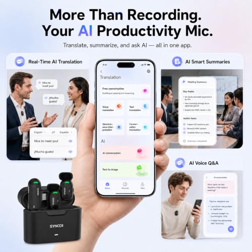 SYNCO AI Mini Wireless Lavalier Microphone for Android USB-C Creators | AI Translation & Instant Summaries, AI Noise Reduction and Mind Maps, Save Time for Vlogs, Interviews, Meetings, Travel