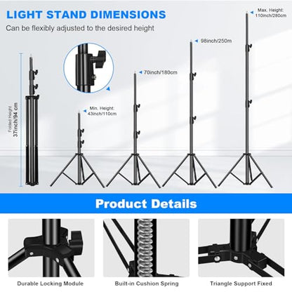 2pack Heavy Duty Light Stand 9.2ft / 110" Aluminum Spring Cushioned Tripod Lighting Stands Max Loading:10KG Adjustable 94cm-280cm with Carry Bag for Photography Softboxes Umbrella Studio Shooting