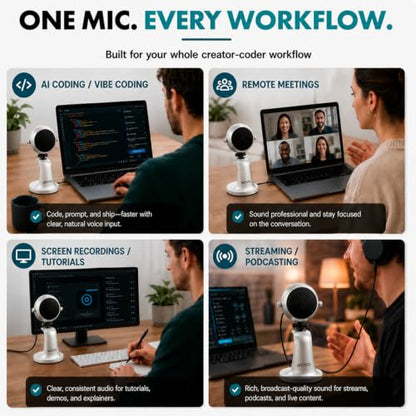 Movo WebMic USB Dictation Microphone in Silver – Cardioid for Vibe Coding | Cardioid Pickup Rejects Background Noise For Accurate Dictation. Gain Knob, Headphone Out, Mute. Desktop Stand, No Drivers. - color: Palladian Silver