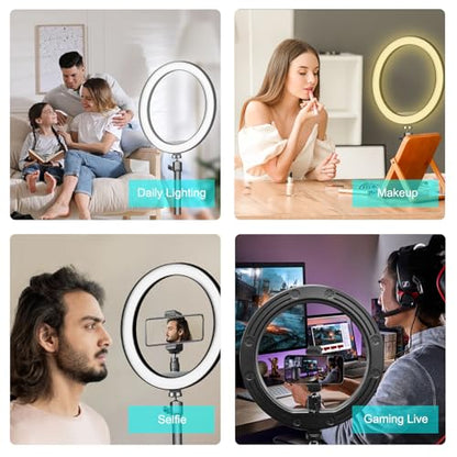 10" Selfie Ring Light with 10" Stand and 60" Selfie Stick, 3 Color Light Adjustment Suitable for Phones and Cameras, Makeup/Live Streaming/Taking Photos