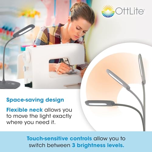 OttLite Soft Touch LED Desk Lamp, 3 Brightness Settings, Grey | Natural Daylight LEDs | Adjustable Flexible Neck 8"-18" | Touch-Activated Controls
