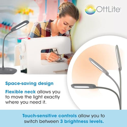 OttLite Soft Touch LED Desk Lamp, 3 Brightness Settings, Grey | Natural Daylight LEDs | Adjustable Flexible Neck 8"-18" | Touch-Activated Controls