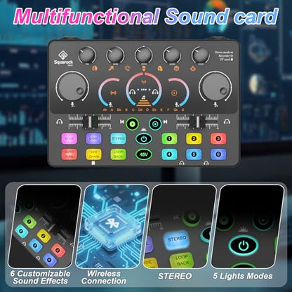 Podcast Equipment Bundle, Mixer with 48V XLR Condenser Microphone, TF card,5RGB,Surround Sound,Suitable for Streaming/TikTok/YouTube, Compatible with Mobile Phones, PC,Camera RS2 - style: Audio interface+ 1 condenser mic