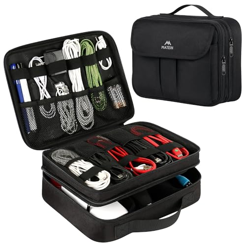 MATEIN Electronics Organizer, Waterproof Travel Electronic Case, Portable Double Layer Cable Storage Bag for Camera Accessories, Cord, Charger, Power Bank, Flash Drive, Phone, SD Card, Black