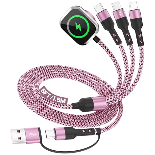 3 Type-C 4 in 2 Charging Cable for Phone iWatch Charger, Multi USB C Charging Cable, Travel Essentials USB C Splitter Multi Charging Cord for iWatch Ultra/SE/11-1, iPhone 17 16 15/Galaxy S26/Android - color: Blush Pink, size: 1Pack5FT