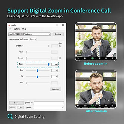 NexiGo N620E Webcam with Light, 1080P 60FPS AutoFocus, ePTZ 2X Digital Zoom, Plug and Play, [Software Included], FHD Streaming Web Camera, Dual Stereo Mics, for Zoom Skype Teams, PC Mac Laptop Desktop - style: Webcam with Light