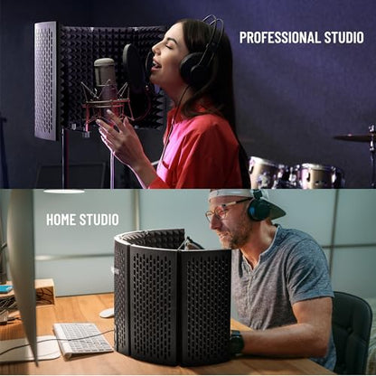 CAHAYA Microphone Isolation Shield Foldable - Mic Shield Recording Studio Sound Absorbing Foam Reflector with 3/8" and 5/8" Mic Adapter Microphone Recording Equipment Black