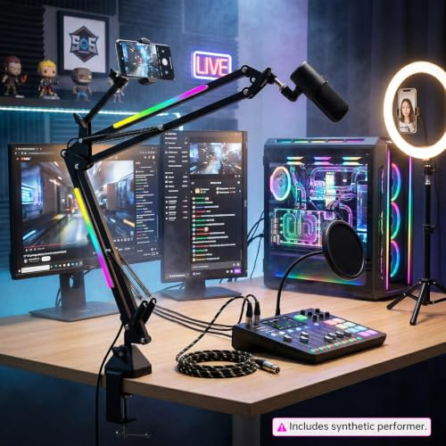 2 in 1 Microphone Arm Stand with Phone Holder, RGB Button Suspension Scissor Mic Boom Arm for Gaming/YouTube/Music Recording, 3/8" Desk Mount Clamp Metal Adjustable Mic Stand for Streaming Podcasting