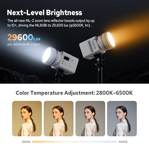 Godox ML80Bi COB Video Light w/95Wh Detachable Battery, Brighter Bi-Color Led Video Light 29600lux@5600K 1m, CRI 96, 2800K-6500K,11FX, Dimming 0%~100%, Portable Continuous Output Lighting Photography - color: ML80Bi