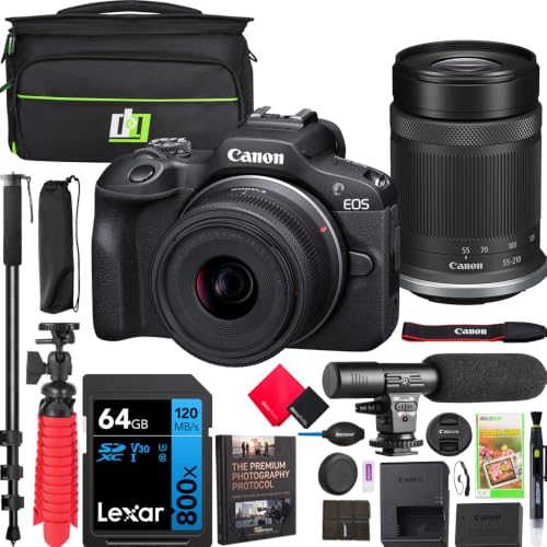 Canon EOS R100 Mirrorless Camera Body w/ 2 Lens Kit RF-S 18-45mm is STM and RF-S 55-210mm is STM Bundle w/Deco Gear Photography Bag + Microphone + Monopod + Photography Pro eBook & Accessories Kit - color: Pitch