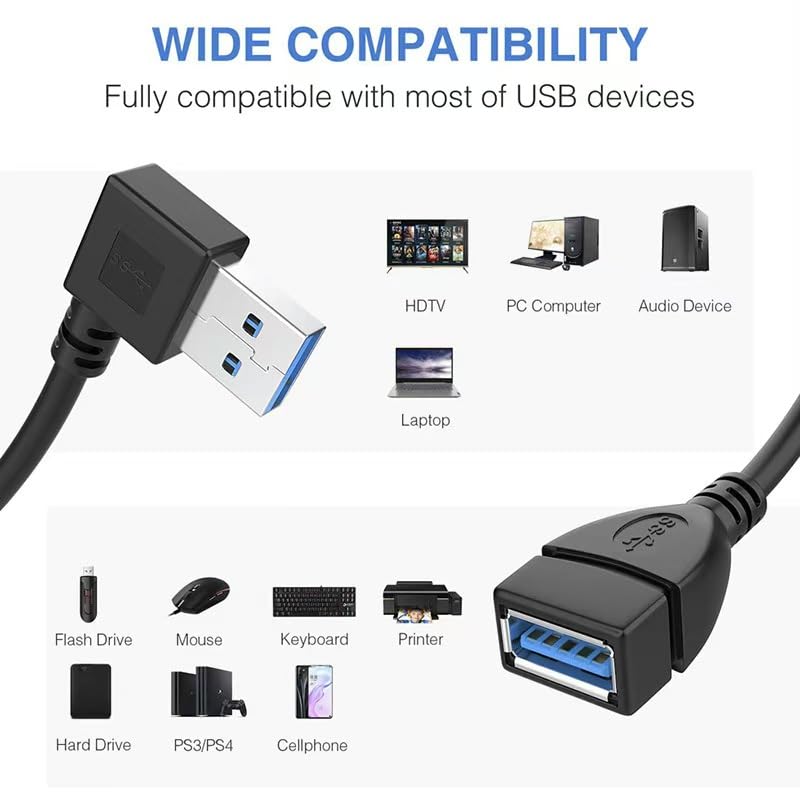 2 PACK 90 Degree (Left and Right Angle) USB 3.0 male to female extension cable can withstand fast data transfer, compatible with PC, laptop, mobile power, charger, etc. 7~12IN/20~30CM（Random length）