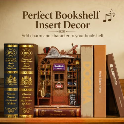 Book Nook Kit DIY Miniature House with LED Lights & Music Box, 3D Wooden Puzzle Bookshelf Insert for Adults, Double Door Mini Dollhouse Building Kit, Creative Home Decor Gift for Women & Men - style: Sheet Music Shop