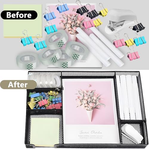 Black Office Desk Accessories, Black Office Supplies Set, Desk Drawer Organizer,Stapler and Tape Dispenser Set,Tape,Staple Remover, Staples, Paper Clips, Scissor and Sticky Note - color: Black