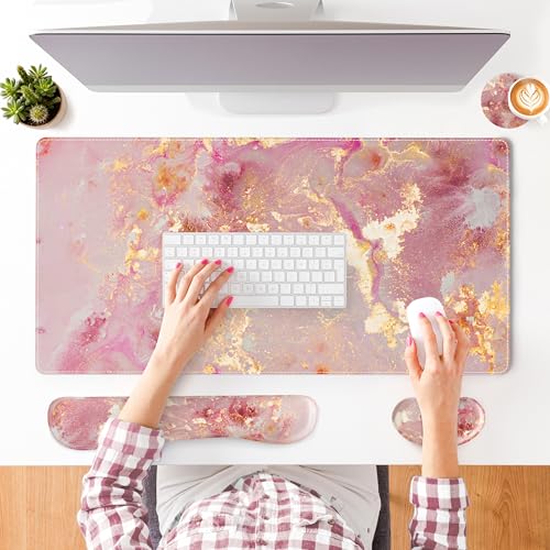 QiyI Leather Desk Mat Set, 4-in-1 Large Mouse Pad with Ergonomic Wrist Rest, Waterproof Desk Pad + Keyboard Wrist Rest + Mouse Wrist Support + Coaster, Non-Slip Office Gaming Accessories, Pink Marble - color: Pink Gold Marble