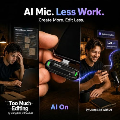 SYNCO AI Mini Wireless Lavalier Microphone for Android USB-C Creators | AI Translation & Instant Summaries, AI Noise Reduction and Mind Maps, Save Time for Vlogs, Interviews, Meetings, Travel