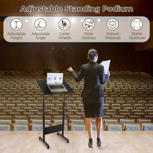 Mobile Podium, Adjustable Standing Desk with Caster Wheels, Adjustable Height 360° Swivel Desktop, Versatile Podium Laptop Desk Stand Up Desk Easel Presentation Lectern (Black) - color: Black