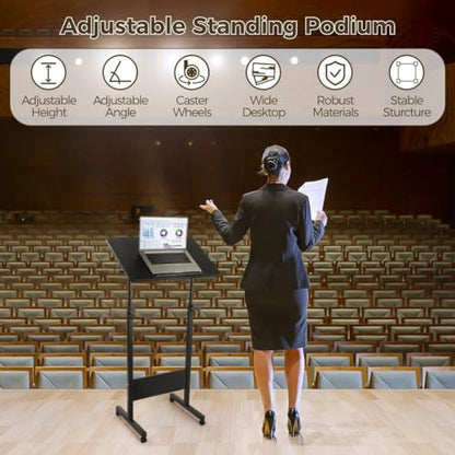 Mobile Podium, Adjustable Standing Desk with Caster Wheels, Adjustable Height 360° Swivel Desktop, Versatile Podium Laptop Desk Stand Up Desk Easel Presentation Lectern (Black) - color: Black