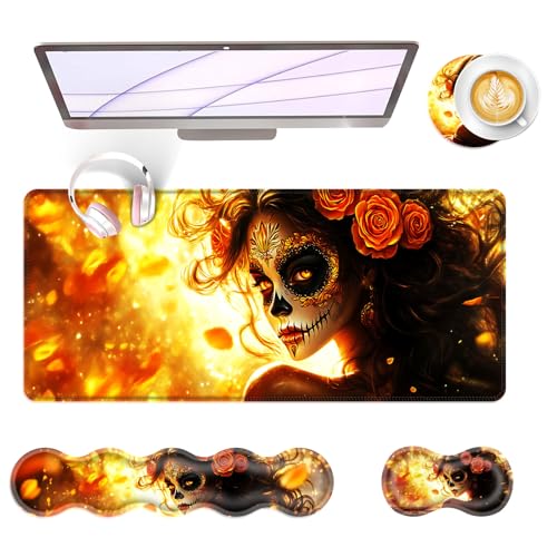 Large Keyboard Mouse Pad Set, Extended Mouse Pad+Keyboard Wrist Rest Support, Memory Foam Ergonomic Easy Typing, 4Pcs (31.5×11.8 in) Desk Pad Set for Office Home,Skull Woman with Rose - color: Skull Woman With Rose