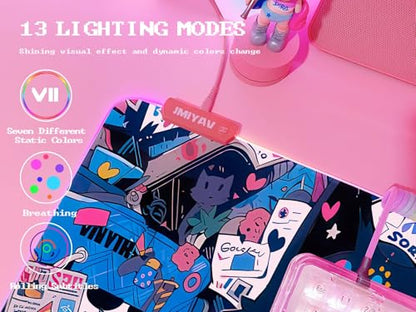 JMIYAV Pink RGB Gaming Mouse Pad 31.5x12 Inch PC XL Large Extended Glowing Led Light Up Desk Pad Non-Slip Rubber Base Computer Cute Mousepad Mat Desk Accessories Gaming Setup 102 - color: Neon Cat