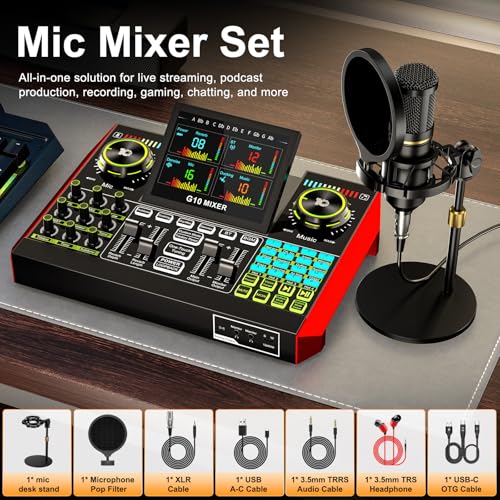 podcast equipment bundle, live sound card, streaming audio mixer, Podcast microphone bundle for PC/mobile live streaming, singing, gaming, soundboard with voice changer and noise reduction function