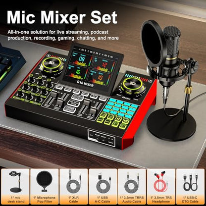podcast equipment bundle, live sound card, streaming audio mixer, Podcast microphone bundle for PC/mobile live streaming, singing, gaming, soundboard with voice changer and noise reduction function