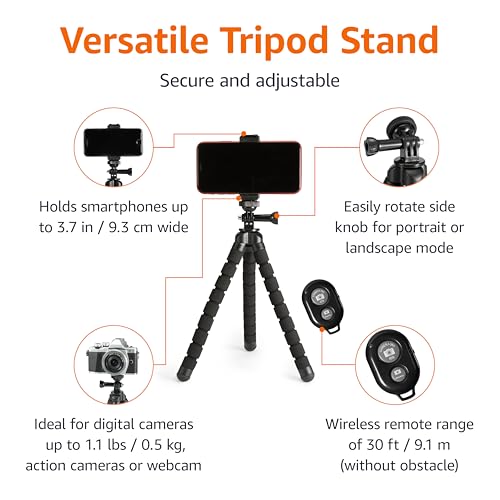 Amazon Basics Portable and Flexible Tripod with Wireless Remote and Smartphone Clamp, 10-inch, Black - size: 10inch