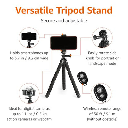 Amazon Basics Portable and Flexible Tripod with Wireless Remote and Smartphone Clamp, 10-inch, Black - size: 10inch