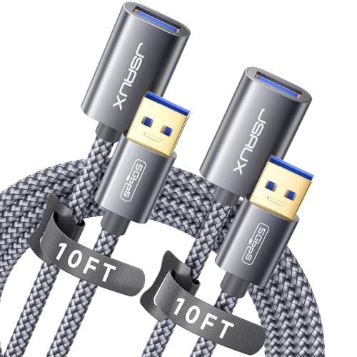JSAUX 2Pack 10FT+10FT USB 3.0 Extension Cable, Type A Male to Female USB Extender Cord Nylon Braided Compatible with Webcam, Camera, Phone, USB hub, Mouse, Keyboard, Printer, Hard Drive, Xbox-Grey - size: 10FT+10FT