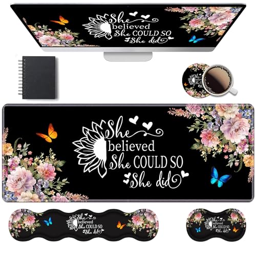 Ergonomic Keyboard Wrist Rest & Mouse Pad Wrist Rest Set, 31.5"x 11.8" Large XXL Gaming Desk Pad Memory Foam Non-Slip Desk Mat for Office & Home, Floral Quote She Believed She Could So She Did - color: Floral Quote She Believed She Could So She Did