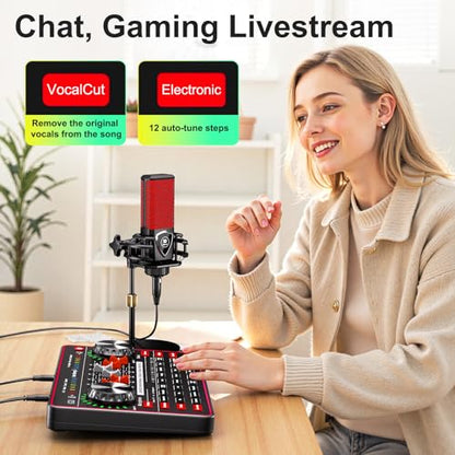 Podcast Microphone Bundle with Live Sound Board Audio Mixer, Podcast Equipment Bundle with 3.5mm Condenser Microphone for Pc/Phone Live Streaming Singing Gaming, Soundboard with Voice Changer, Denoise