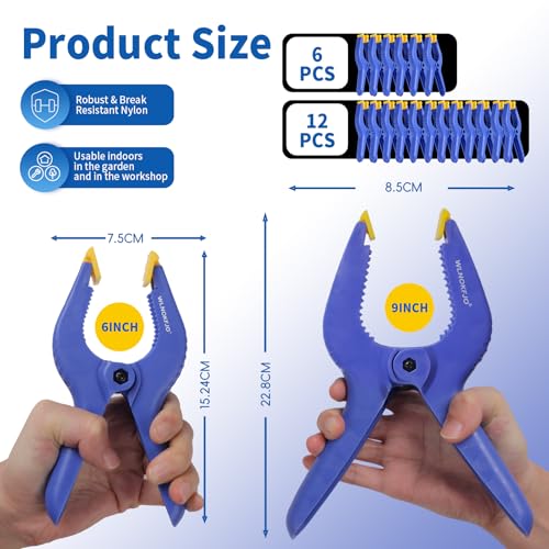 9 inches Spring Clamps Heavy Duty - 6 Pack Large Plastic Clamps& Safety Work Gloves for Woodworking, Crafts, Backdrop and Pool Cover with 3.5 Inches Mouth Opening And Serrated jaws - size: 9 inches