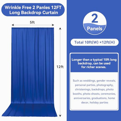 10ftx12ft Wrinkle Free Royal Blue Backdrop Curtain, 2 Panels 12FT Height Royal Blue Wedding Backdrop Drapes, Silky Polyester Back Drop Cloth for Birthday Photography Background Party Backdrop Draping - color: Royal Blue, size: (W)5ft x (H)12ft (2 Panel)